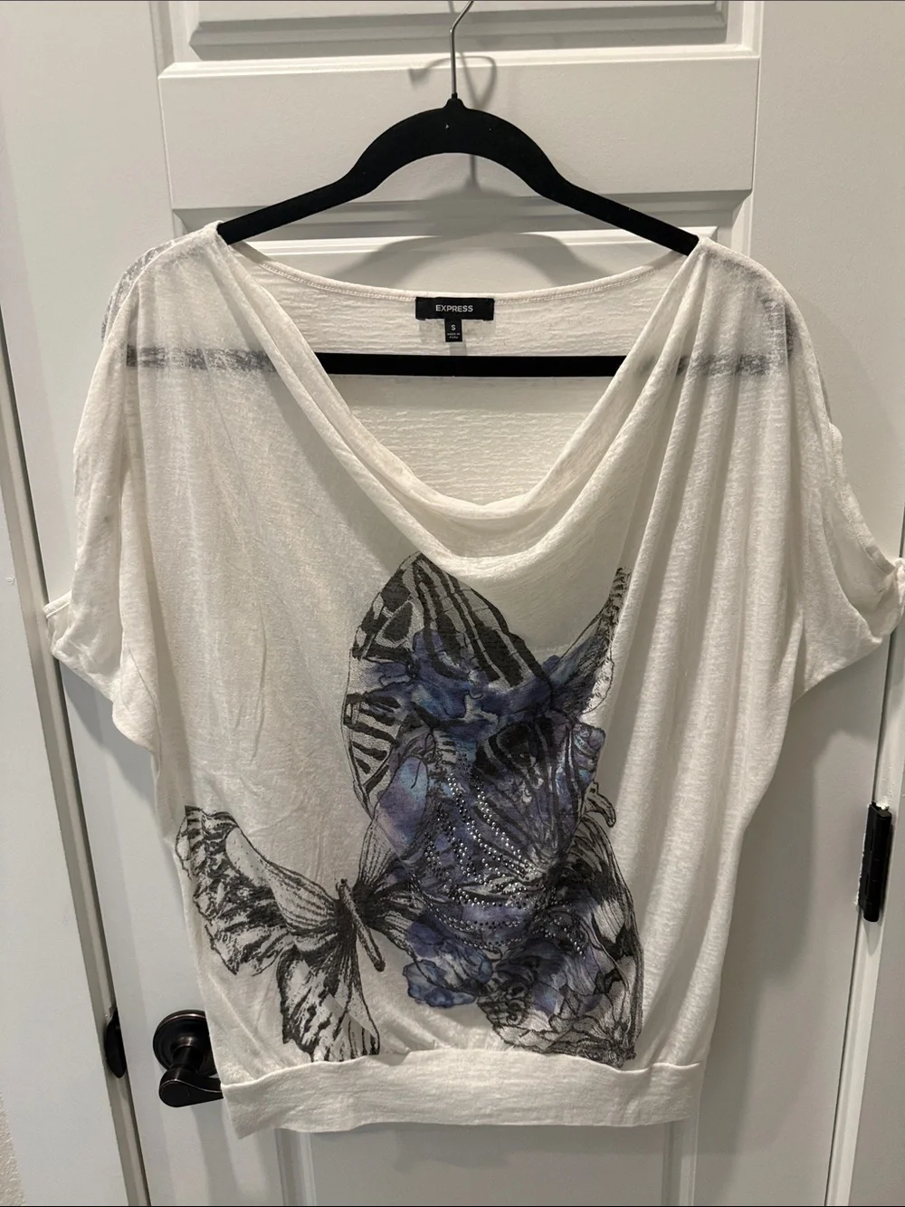 Express White Draped Butterfly Print Top with Blue Accents